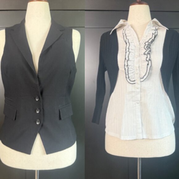 bebe Ruffle Shirt Black White, Tailored Vest M, Silver Statement Bracelet Bundle - Picture 1 of 14